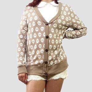 ISSI Beige & White Skull Print Academia Cardigan Sweater Sz M